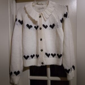 Sweet Off-White Cardigan w/Sparkling Black Hearts